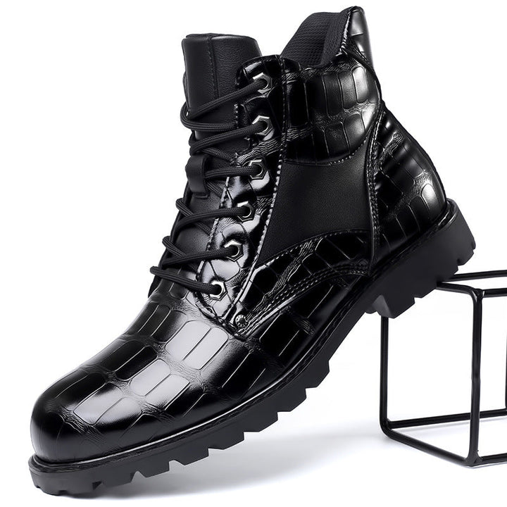 Close-up of men's alligator embossed combat boots, highlighting the intricate texture & craftsmanship.