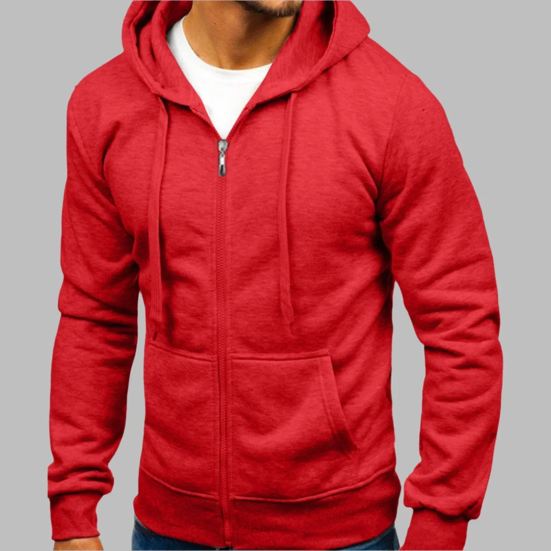 Front view of a man wearing a breathable zip hoodie, perfect for casual outings.