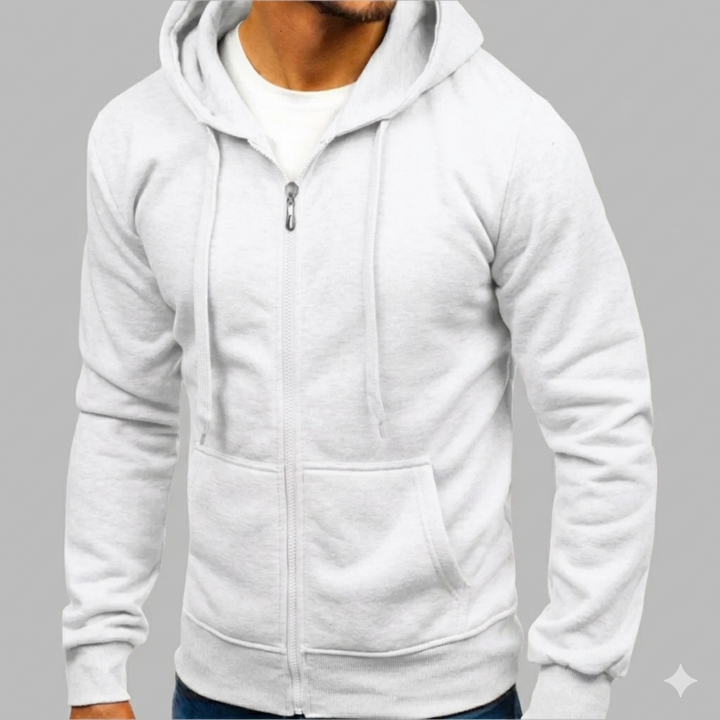 Close-up on the zipper detail of a men's comfortable and stylish casual hoodie.