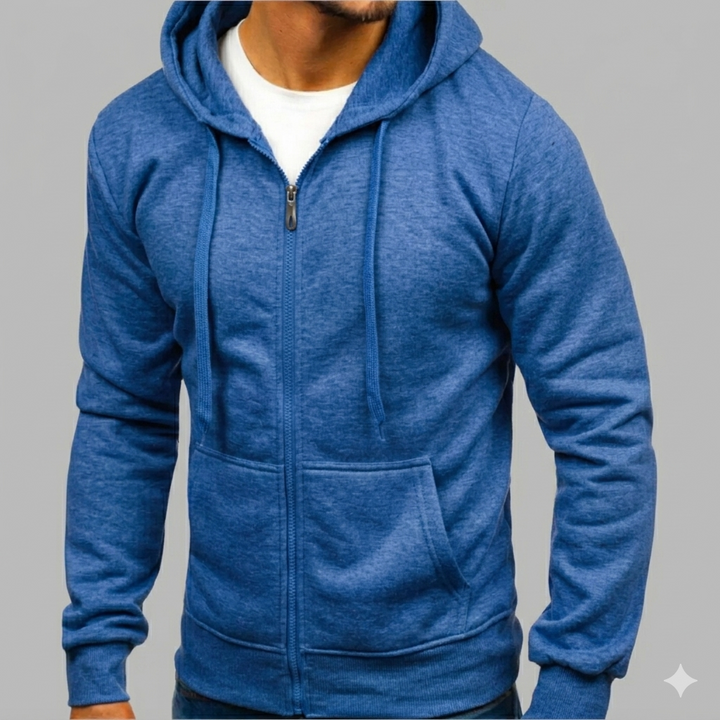 Man in a soft, breathable zip-up hoodie, ideal for layering and everyday comfort.