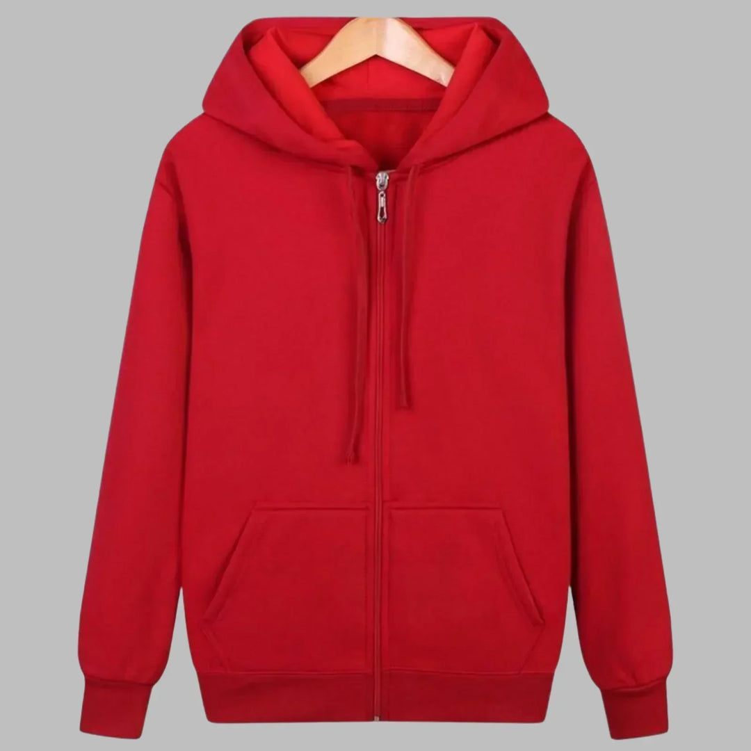 Stylish men's casual hoodie with a convenient zip-up front for easy wear.