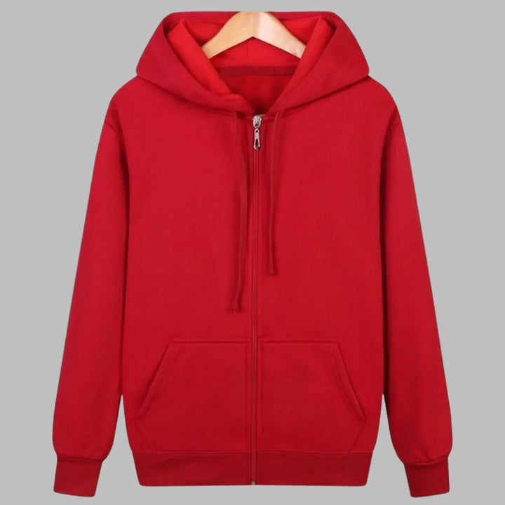 Stylish men's casual hoodie with a convenient zip-up front for easy wear.