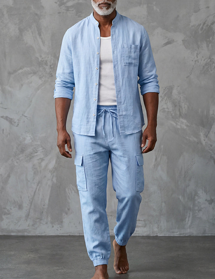 Stylish men's two-piece cargo set with mandarin collar. Versatile & comfortable for spring/summer casual outings.