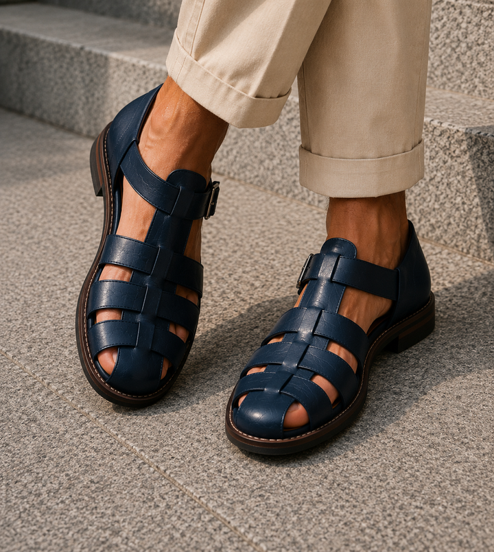 Woven men's closed-toe fisherman sandals, comfortable & breathable for warm weather, with a sturdy buckle.