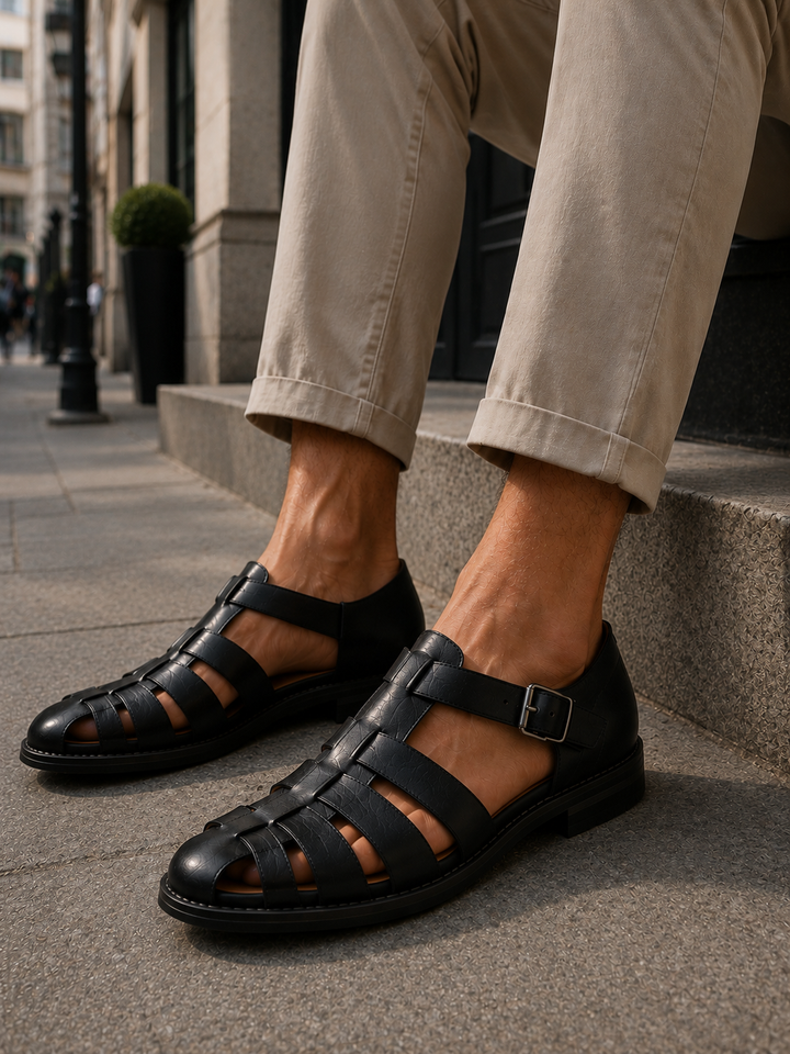 Woven closed-toe men's fisherman sandals, flat sole, designed for comfort and casual summer adventures.