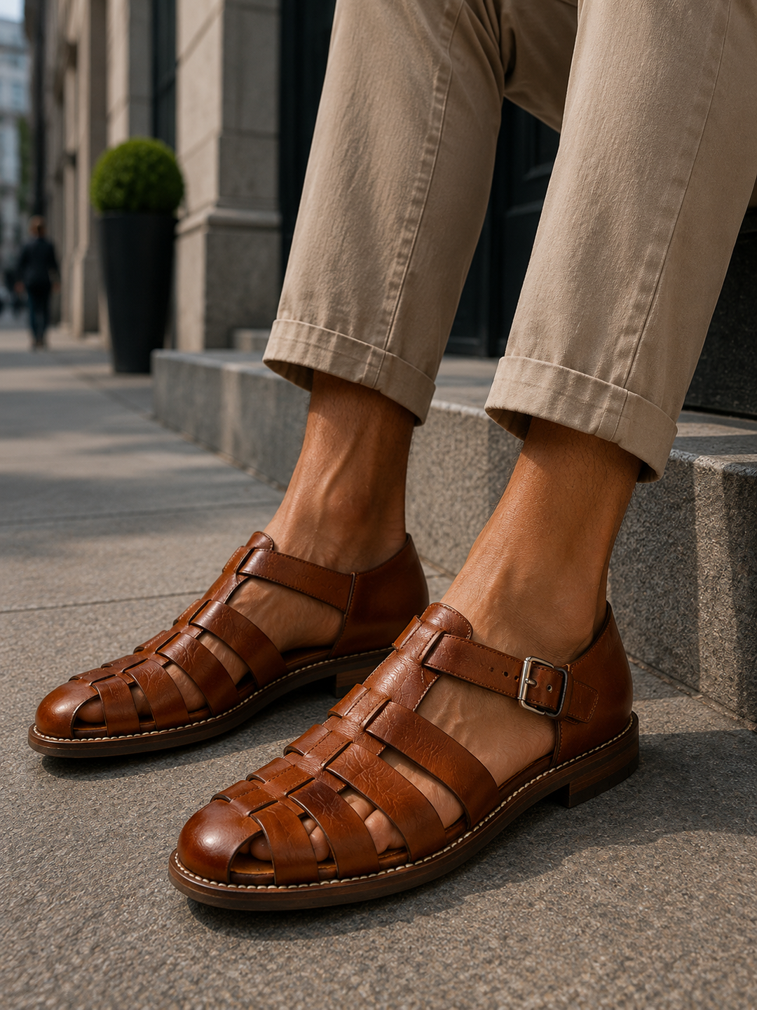 Stylish men's closed-toe fisherman sandals, durable for casual summer outings, with secure buckle closure.