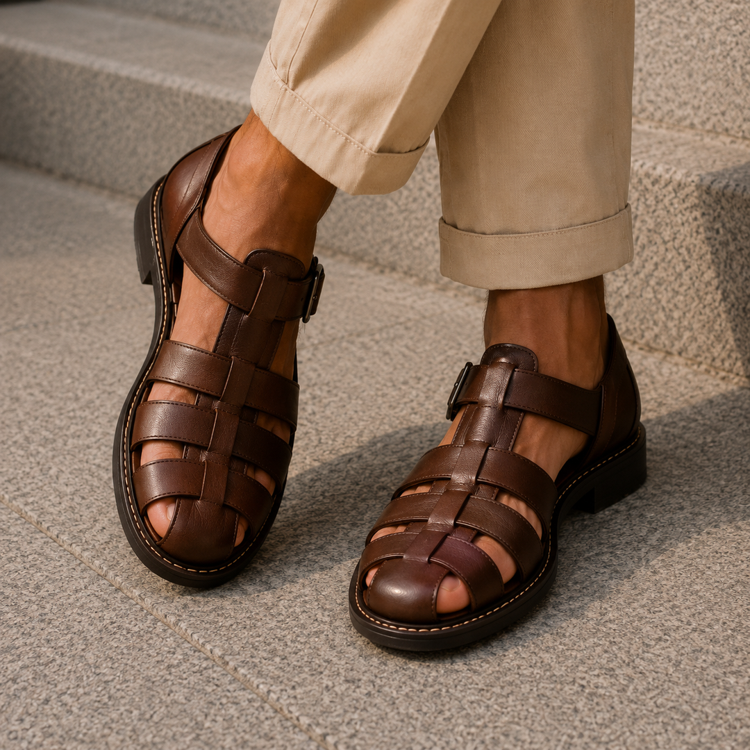 Dark brown men's closed-toe fisherman sandals, comfortable, flat sole, ideal for weekend casual attire.