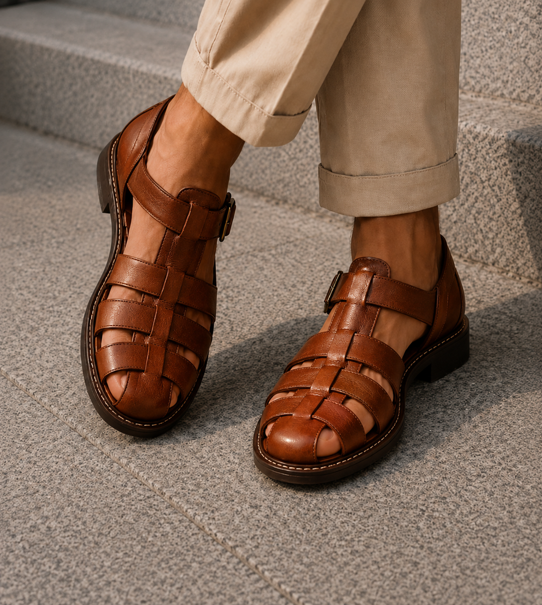 Men's casual summer sandals, closed-toe fisherman style, with comfortable footbed and adjustable buckle.