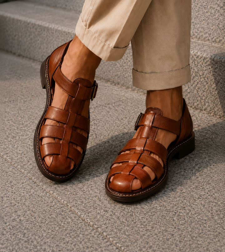 Men's casual summer sandals, closed-toe fisherman style, with comfortable footbed and adjustable buckle.