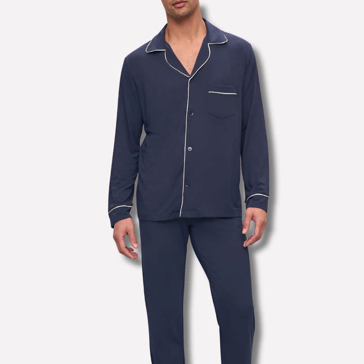 Men's comfortable cotton pyjama set with long sleeves and button-up top, ideal for sleepwear & loungewear.