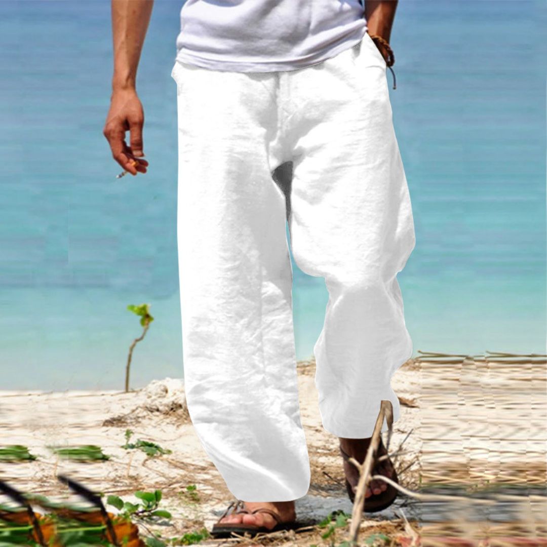 Easy-fit men's drawstring pants, providing cool comfort for summer beach adventures.