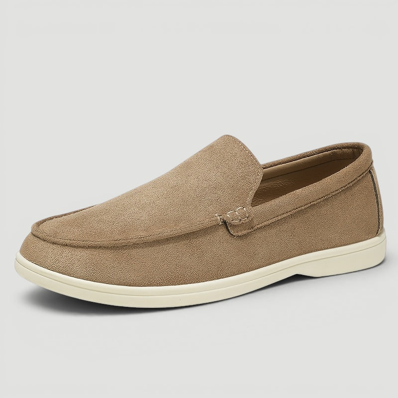 Front view of men's casual slip-on loafers. Comfortable everyday footwear for a stylish spring look.