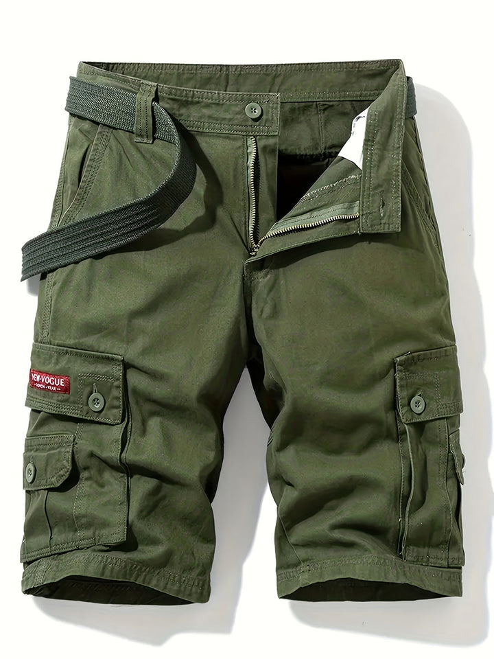 Durable men's mid-rise shorts, cargo style with multiple flap pockets, great for outdoor and casual activities.