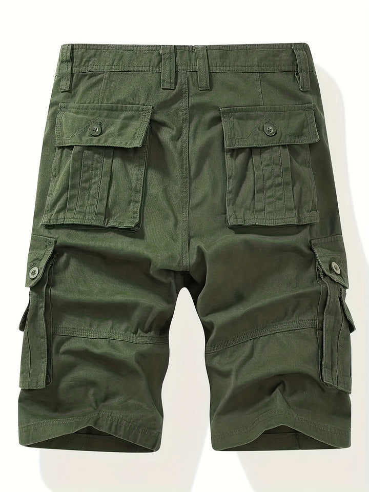 Comfortable men's knee-length cargo shorts, mid-rise design with functional flap pockets for utility and style.