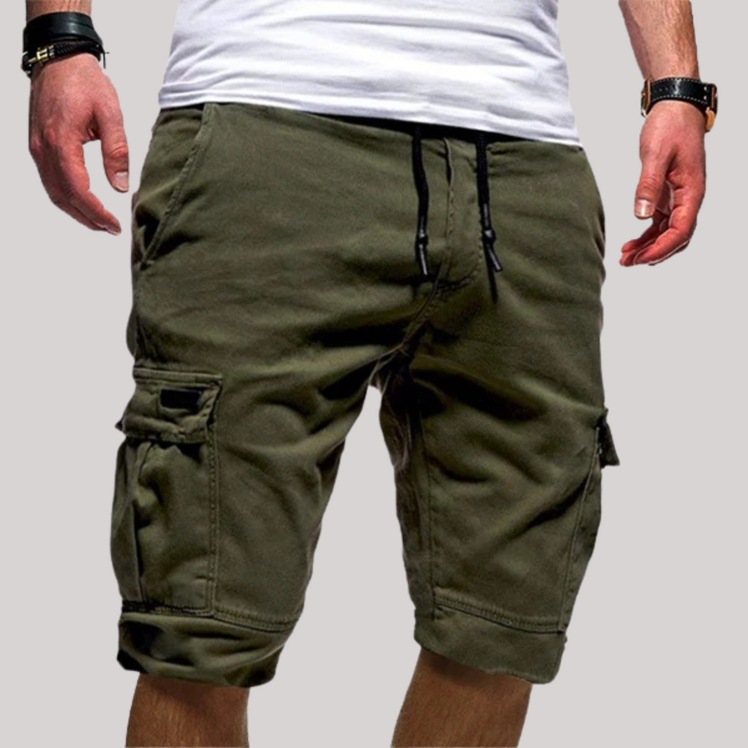 Mova London men's summer shorts featuring deep cargo pockets and a relaxed drawstring waist.