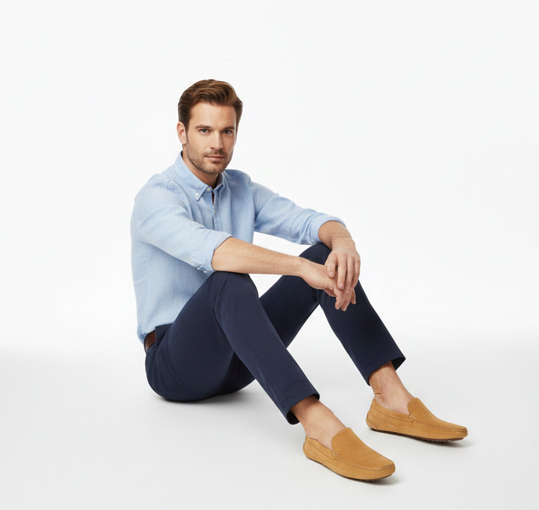 Close-up of men's comfort slip-ons, showing texture. Loafer style, easy wear, and stylish everyday footwear.
