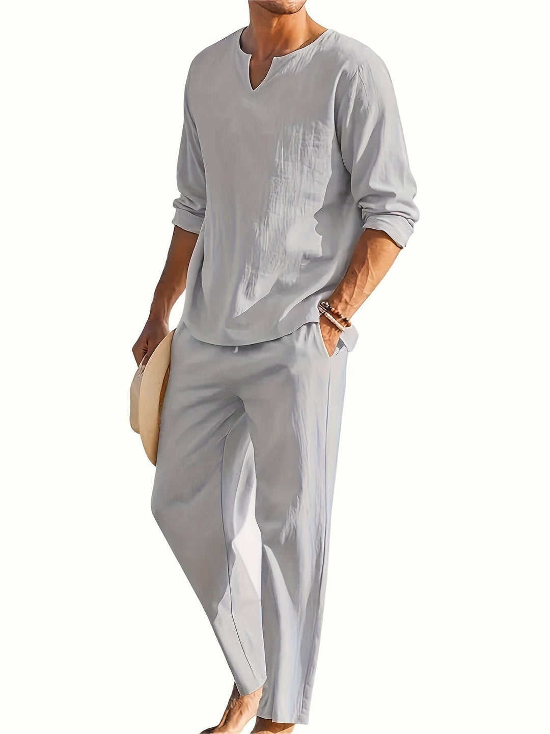 Men's comfy V-neck two-piece casual loungewear outfit. Relaxed fit top & trousers.