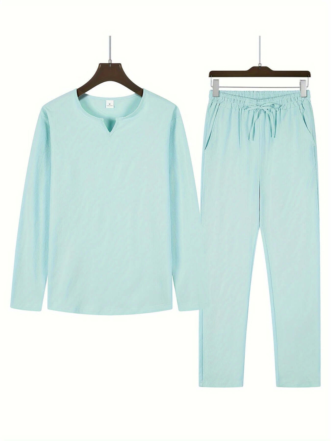 Men's summer V-neck two-piece outfit. Comfortable casual wear loungewear set with top & trousers.