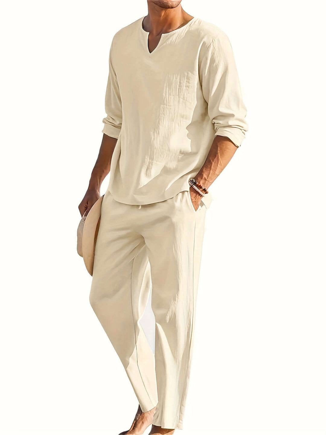 Stylish men's two-piece V-neck casual loungewear set. Comfortable, relaxed fit top and trousers.
