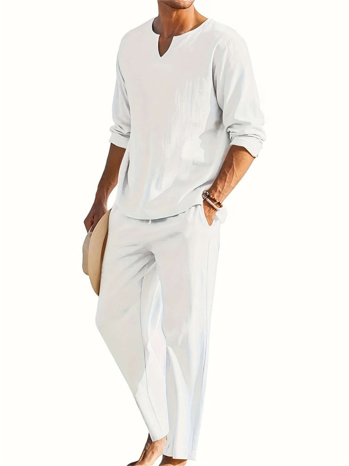 Men's relaxed-fit V-neck long-sleeve top & casual trousers. Comfortable two-piece loungewear outfit.