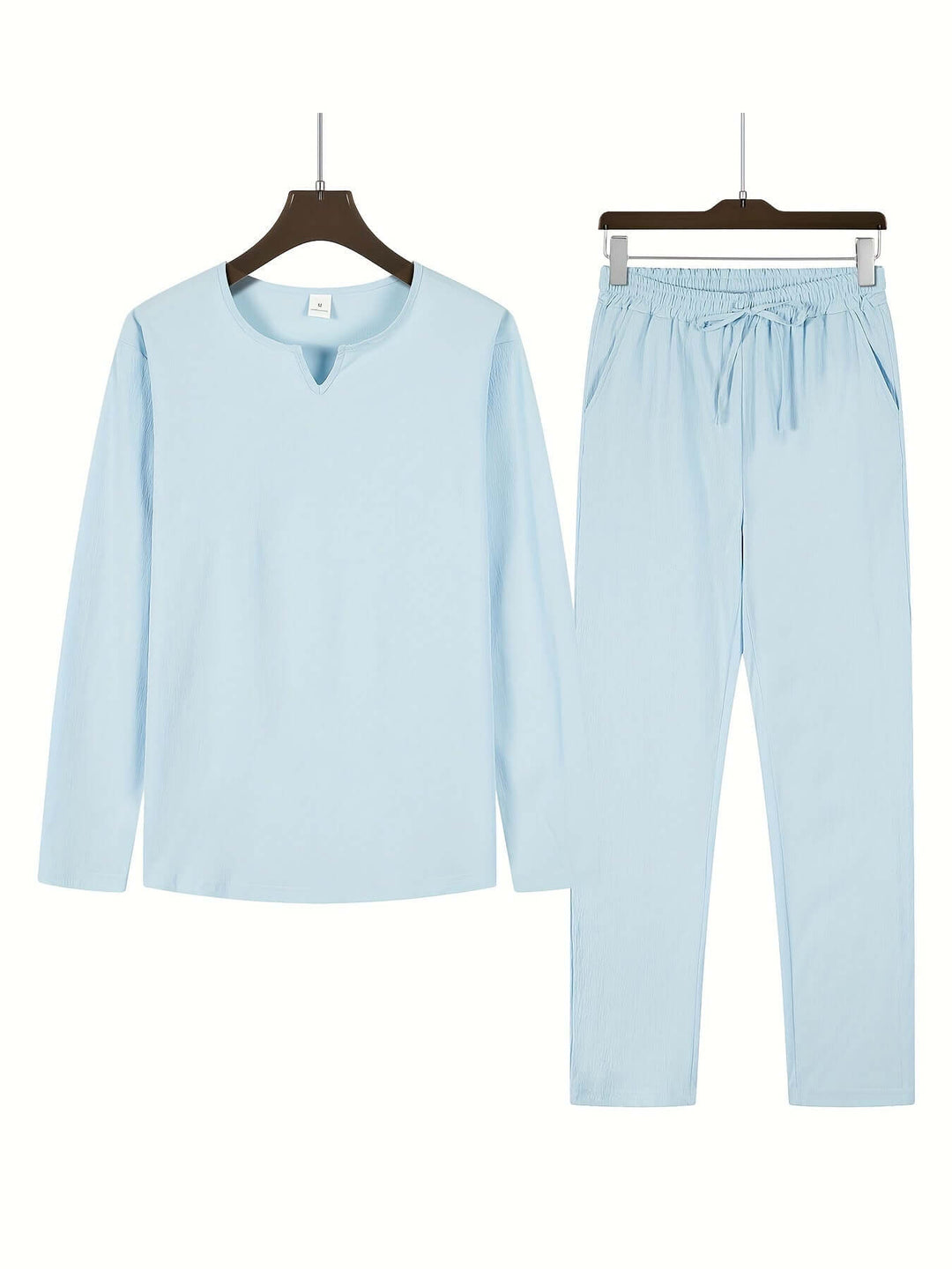 Lightweight men's two-piece casual summer outfit. V-neck long-sleeve top & relaxed trousers.
