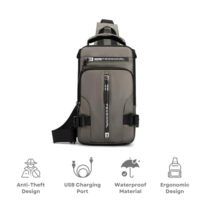 Versatile men's anti-theft convertible travel bag. Transforms from crossbody to backpack.