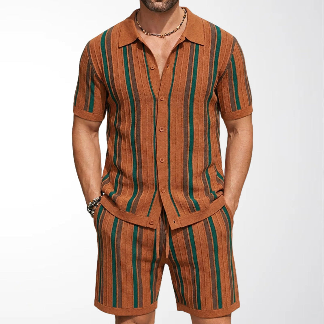 Men's coordinated striped short-sleeve shirt and matching shorts set for casual summer leisurewear.