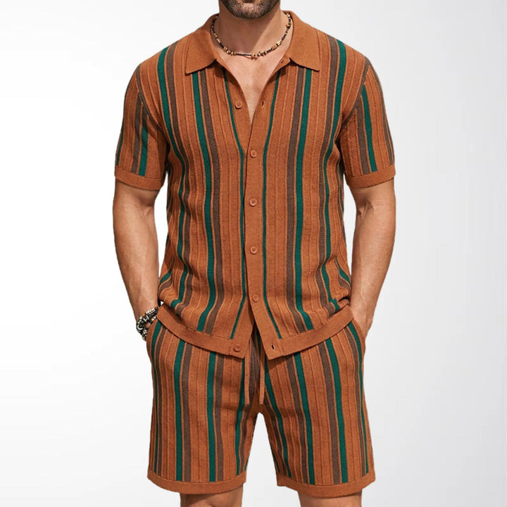 Men's coordinated striped short-sleeve shirt and matching shorts set for casual summer leisurewear.