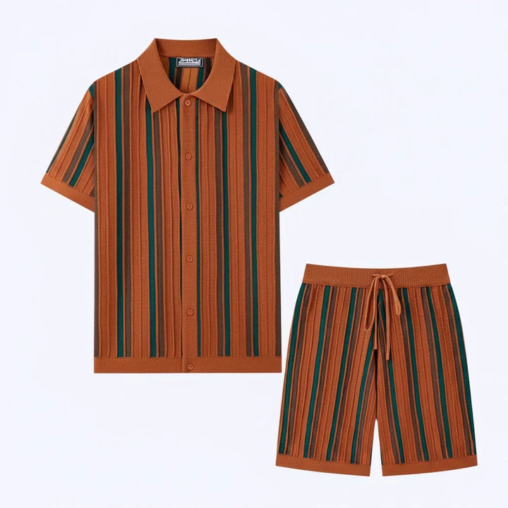 Stylish men's two-piece striped outfit set: casual short-sleeve shirt & comfortable shorts for summer fashion.