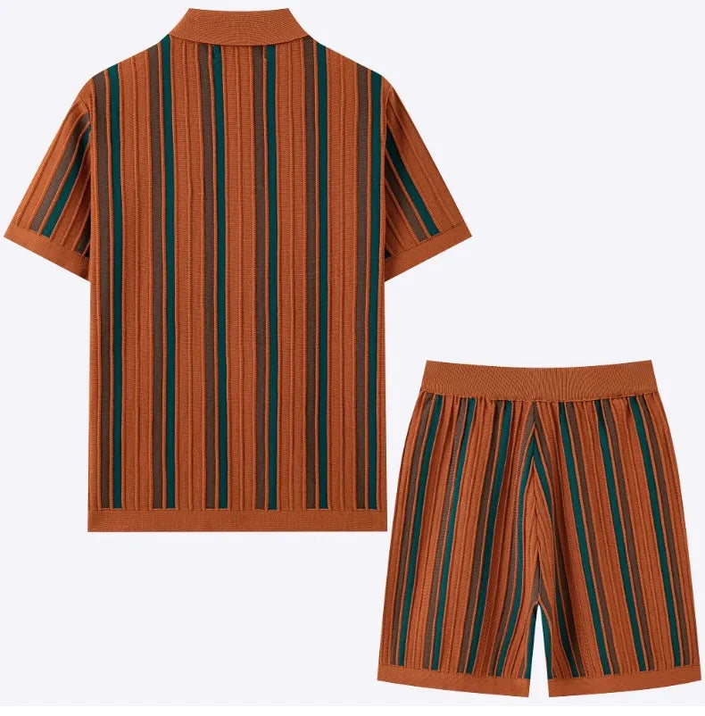 Men's casual striped shirt and shorts set. Perfect summer outfit for leisure and coordinated menswear style.