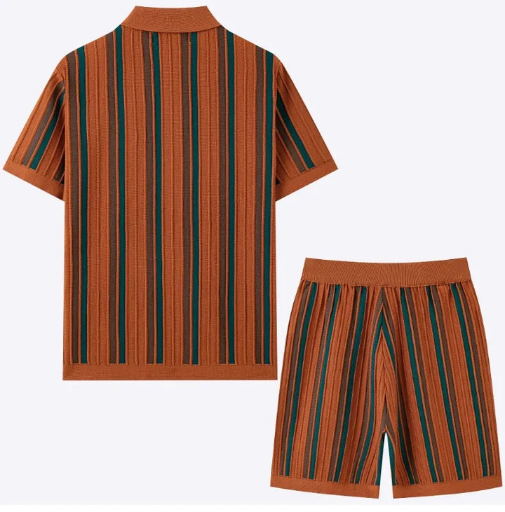Men's casual striped shirt and shorts set. Perfect summer outfit for leisure and coordinated menswear style.