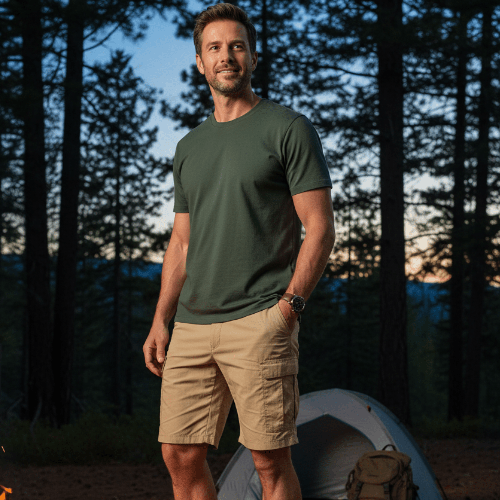 Comfortable men's cotton cargo shorts, perfect for summer outdoor activities, featuring six utility pockets.