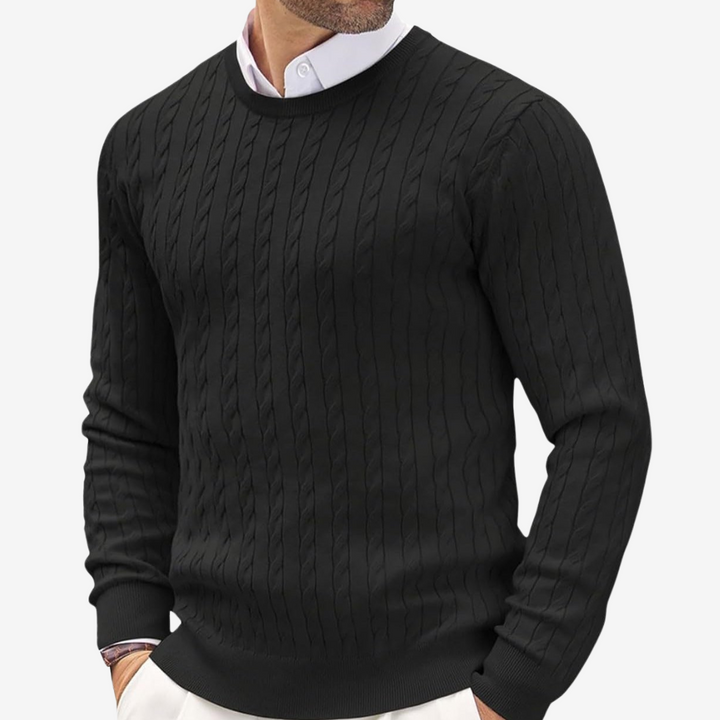 Warm men's cable knit sweater with a timeless crew neck design. Perfect for winter fashion and comfort.