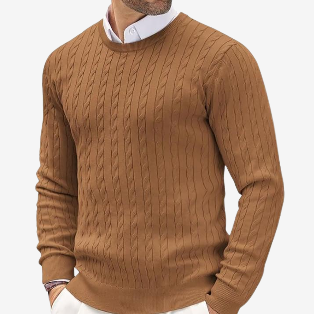 Soft men's cable knit crew neck sweater, cozy and warm. Essential knitwear for men's winter style.