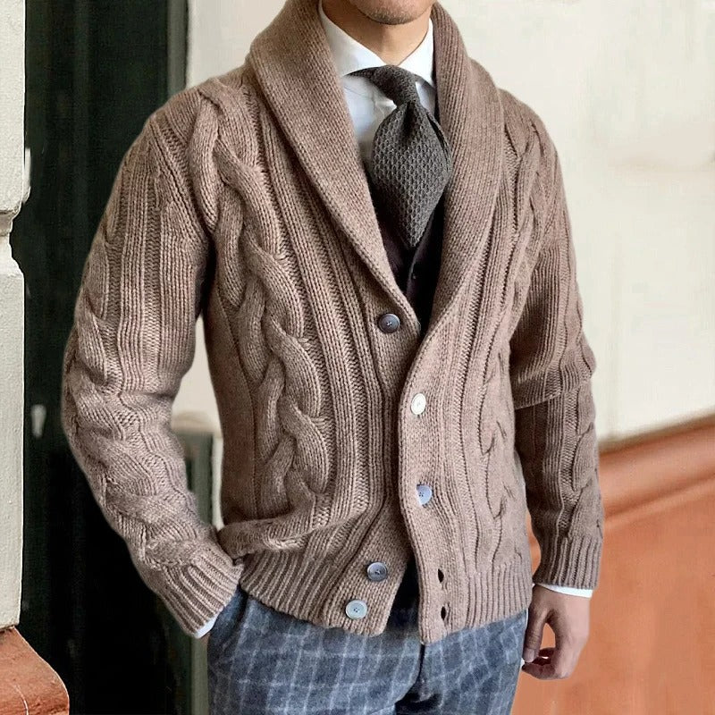 Men's cozy cable knit sweater with stylish shawl collar and button front closure