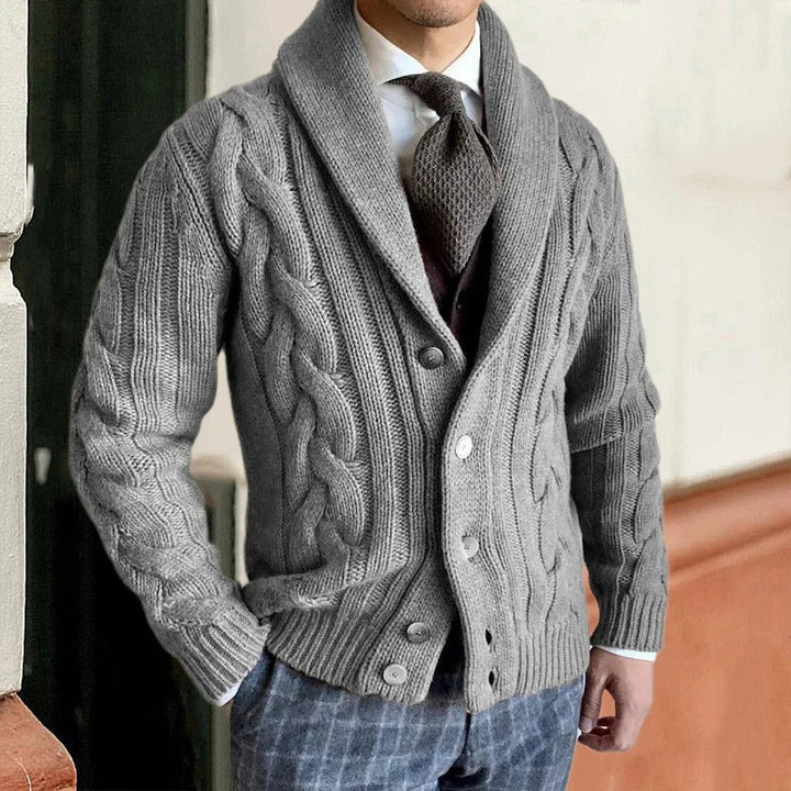 Close-up of detailed cable knit pattern on a men's shawl collar sweater