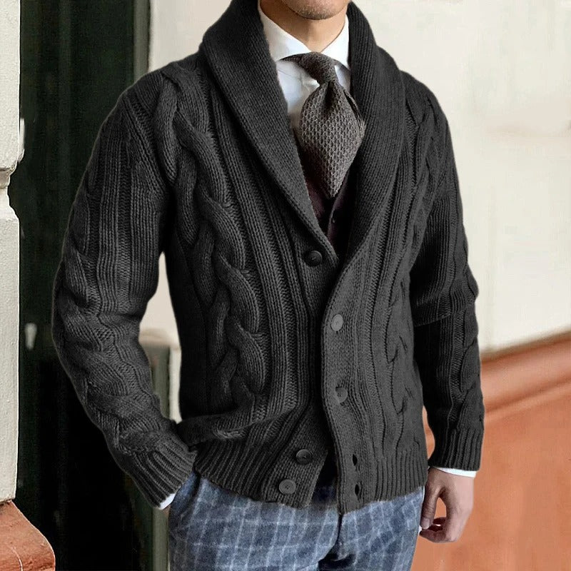 Versatile menswear: button-front cable knit sweater with a classic shawl collar design