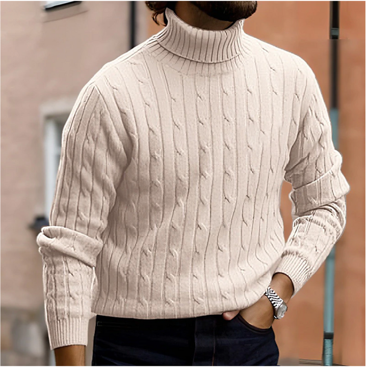 Men's cozy cable knit turtleneck sweater, a winter fashion essential.