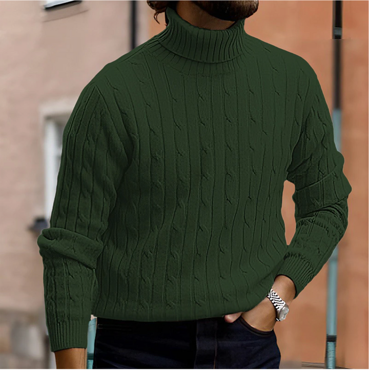 Stylish men's winter sweater featuring a warm cable knit and turtleneck collar.