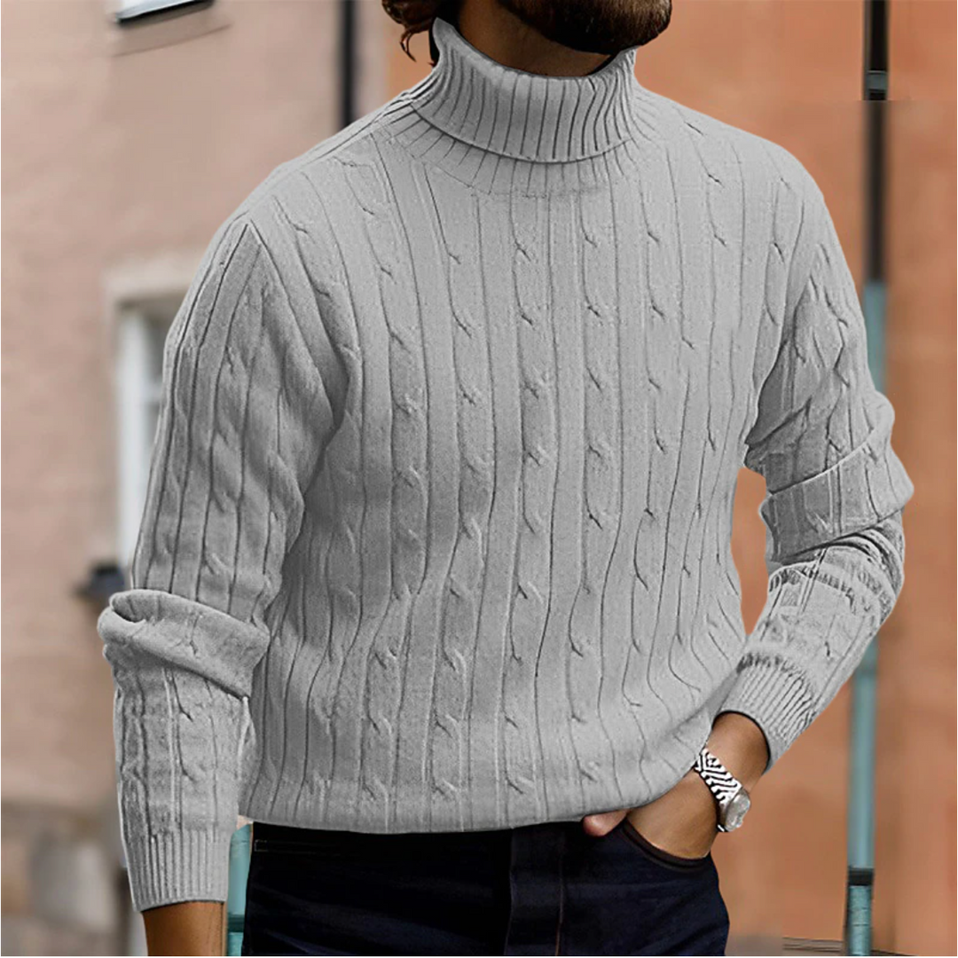 Menswear classic: a comfortable cable knit turtleneck sweater for fall style.