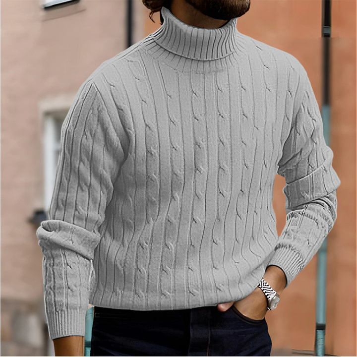 Menswear classic: a comfortable cable knit turtleneck sweater for fall style.