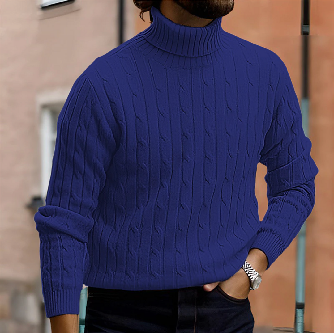 Stay warm in this men's cable knit turtleneck sweater, perfect for winter.