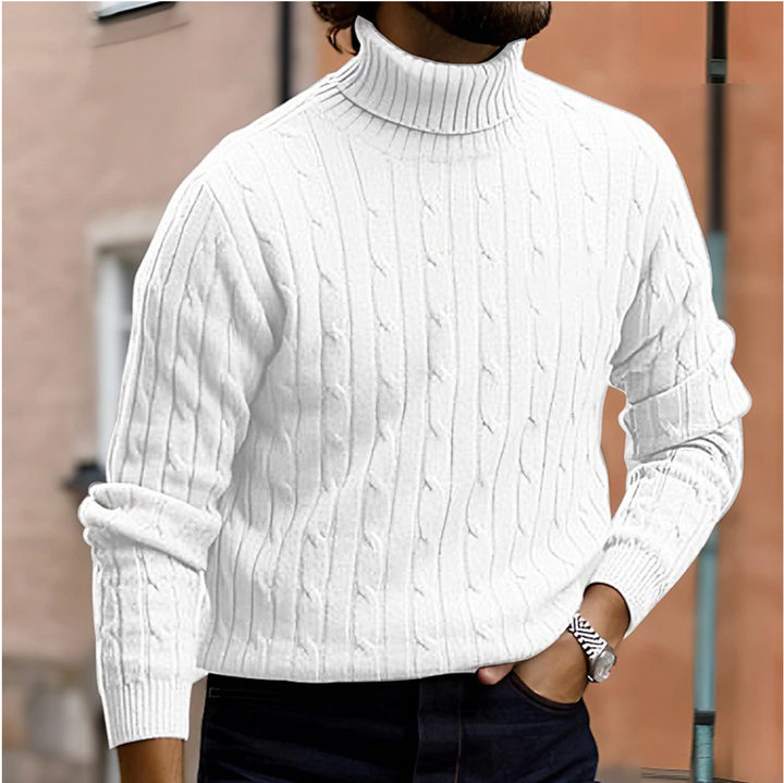 Fashionable men's long sleeve sweater, cozy cable knit turtleneck design.