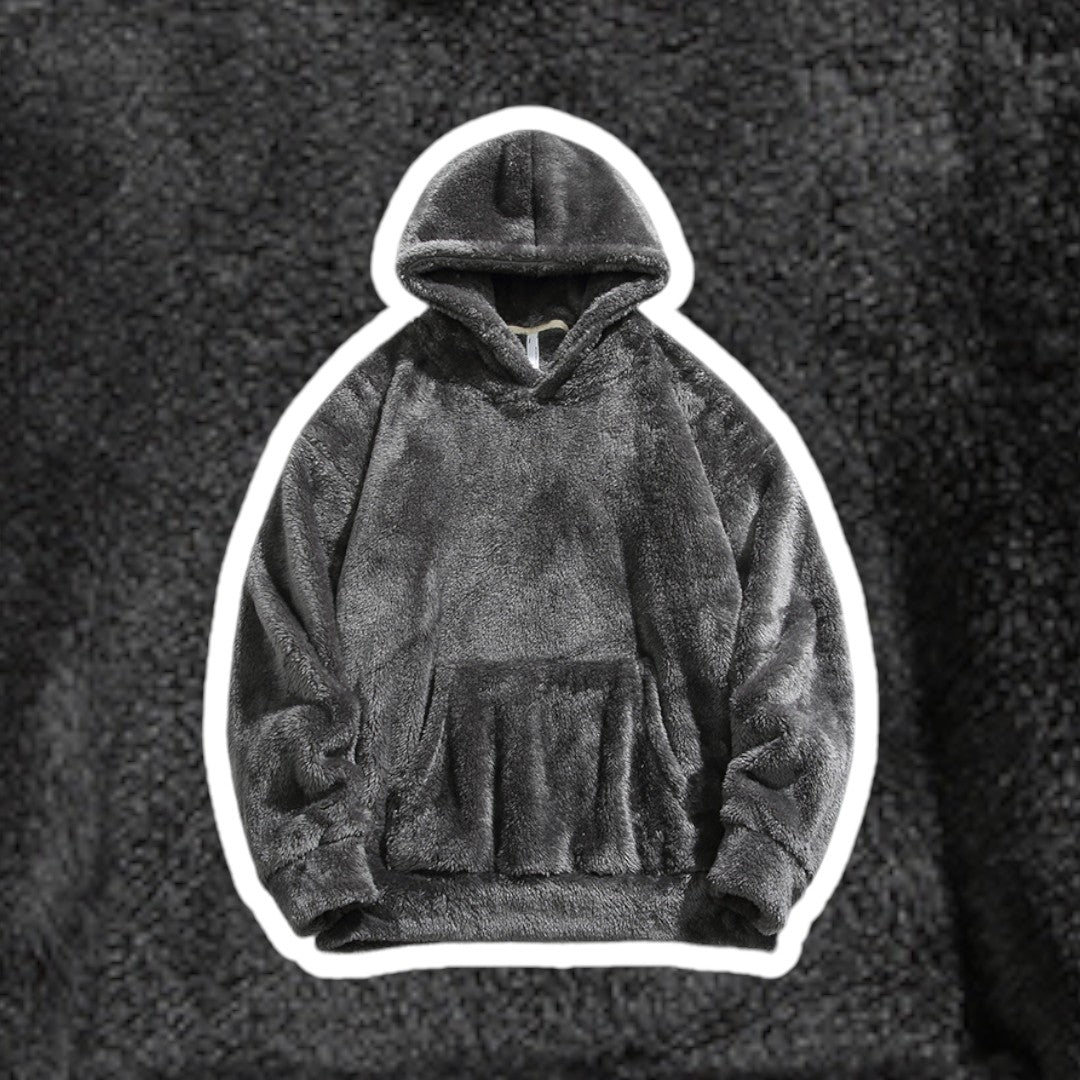 Close-up of a men's casual hoodie, showcasing soft texture & kangaroo pocket detail.