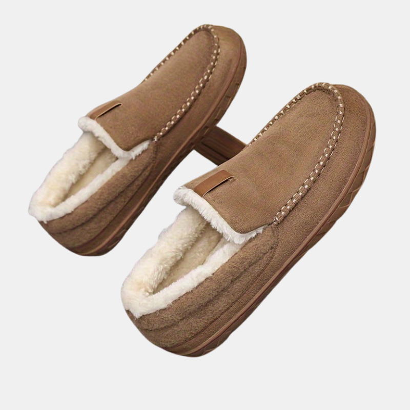 Men's cozy warm camel slippers with sheepskin lining & non-slip indoor sole.