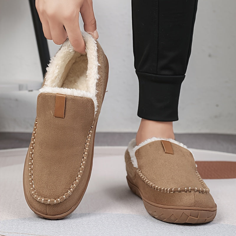 Premium men's warm slippers, sheepskin interior, non-slip sole, perfect for cozy relaxation.