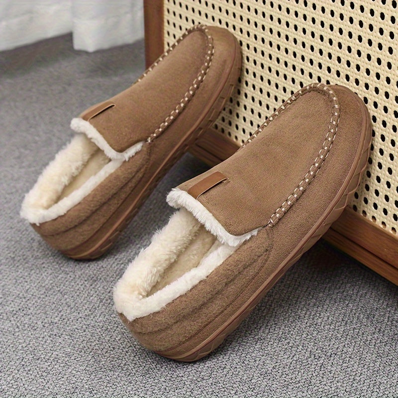 Black men's winter slippers with soft sheepskin lining for ultimate home comfort.