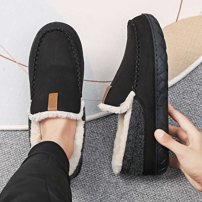 Grey slip-on warm slippers for men, comfy sheepskin interior & non-slip sole.