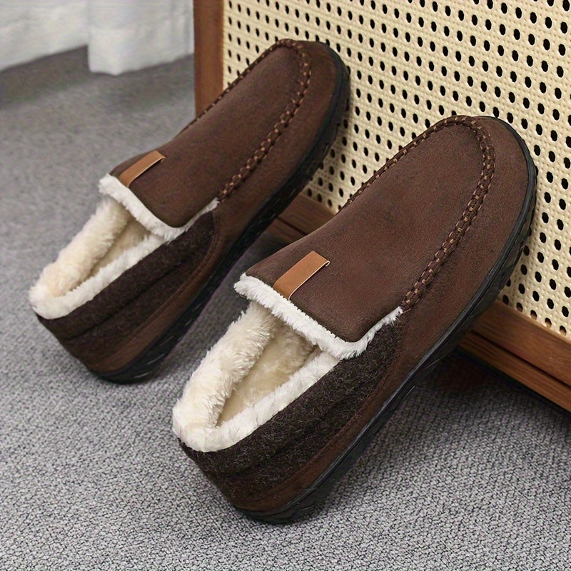 Sheepskin-lined men's warm slippers; ideal cozy footwear with durable non-slip sole.
