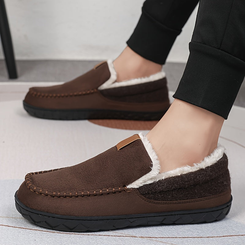 Men's comfy camel slip-on slippers; warm sheepskin lining & non-slip indoor sole.